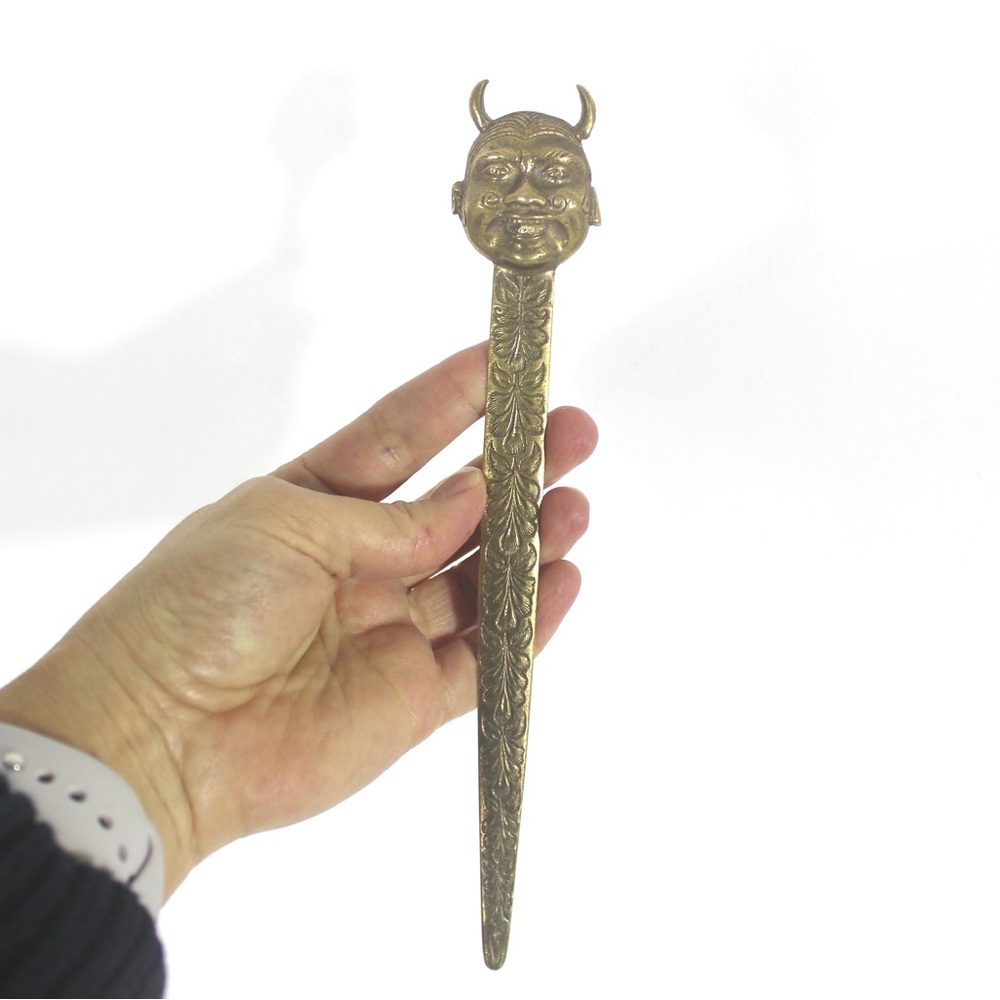 Vintage Brass Laughing Devil Letter Opener, Gold Metal, Mythological, Office Dec